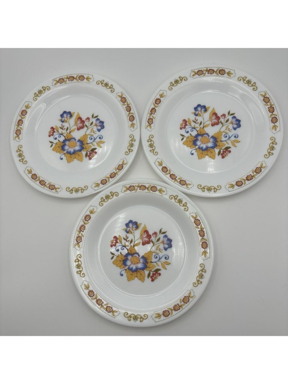 Arcopal France Salad Dessert Plate Milk Glass Set of 3 Floral Flower Vintage